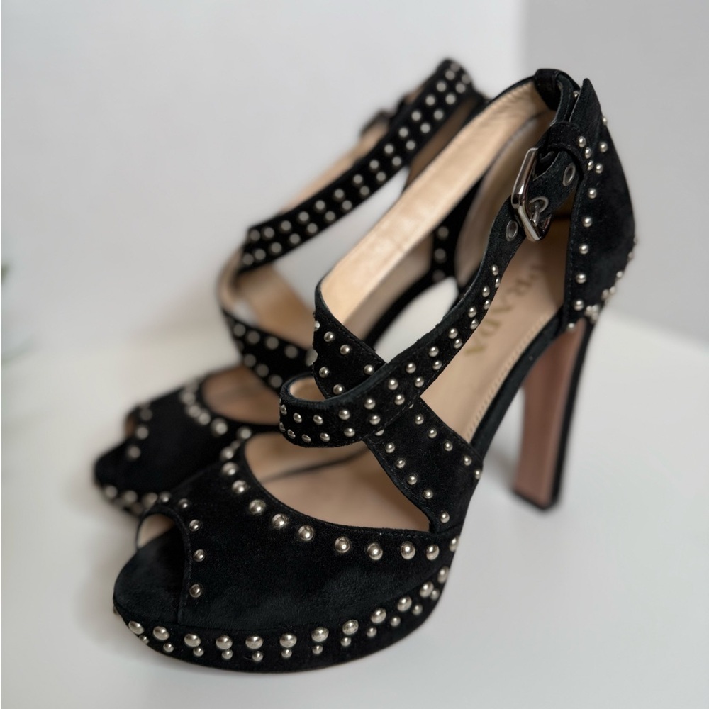 Prada Black Suede Studded Cross Strap Platform Pumps Size 35 Luxury Italian Glam - Picture 8 of 17